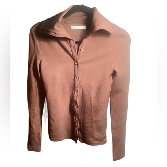 Oak + fort brown button up cardigan day 2 nite stretch long sleeve sweater XS - Picture 2 of 5
